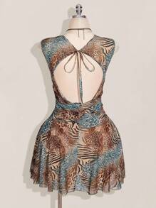 SHEIN ICON Plus Size Leopard Print Ruffle Sweetheart Neck Backless Tie Strap Holiday Dress, Bohemian Floral Ruffle Maxi Dress, Boho Chic