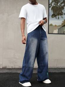 Manfinity Roghcode 宽松美式休闲印花硬质牛仔裤 - 藍色 - 查看 4