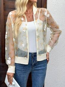 SHEIN LUNE Regular Casual Printed Knit Splice Woven Women Jacket, See Through Sheer Jacket Fall Autumn Going Out - Yellow - View 4