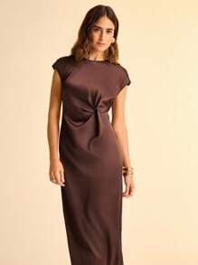 CAJUNI 女士度假热带休闲棕色短袖腰带褶饰扭纹连衣裙 - 棕色 - 查看 4