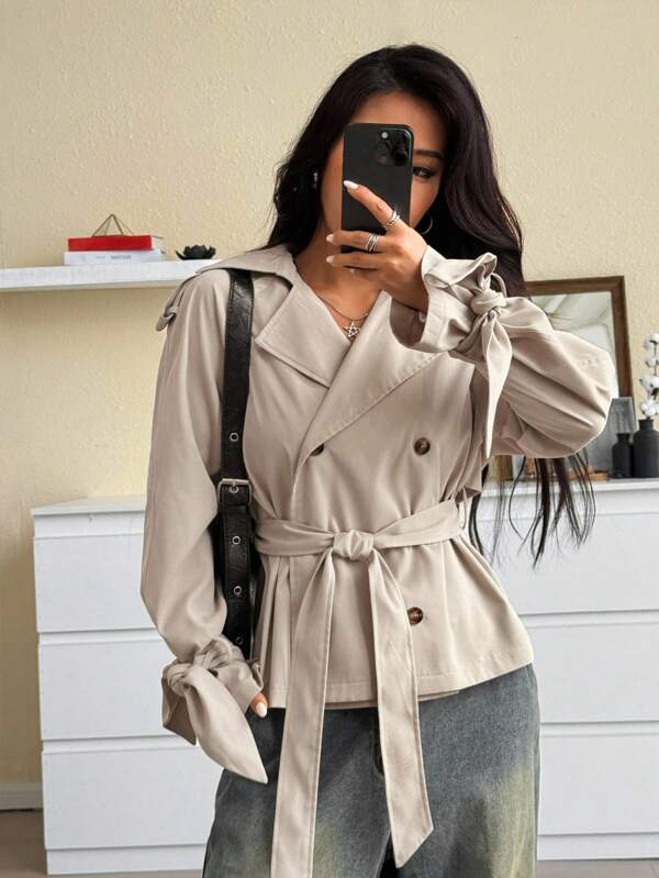 Muchica Casual Versatile Fashion Waist Tie Long Sleeve Women Trench Coats