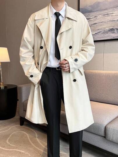 Manfinity Hypemode Men's Solid Lapel Collar Long Sleeve Double-Breasted Casual Trench Coat, Beige, A Great Gift For Your Boyfriend, Men Korean Style, European Style, Old Money , Fall