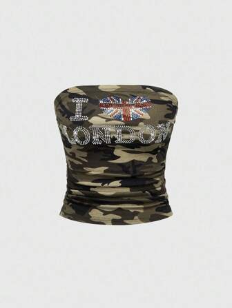 Grunge Punk Sexy Vintage American Flag 4th Of July Heart Rhinestone Slogan Camouflage Print T-Shirt For Women