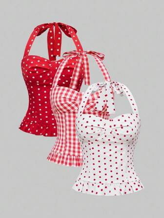 ROMWE Avant Women's Romantic Vacation Style Dotted & Plaid Cutout Camisole Set