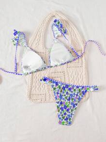 Swim Mod Women'sSimple Floral Print Beach Triangle Bikini Set For Summer Beach Vacation - Multicolor - View 2