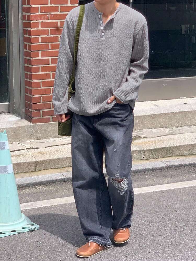 Texture Fabric Half Placket Button Grey Men T-Shirt, Suitable For Spring And Autumn