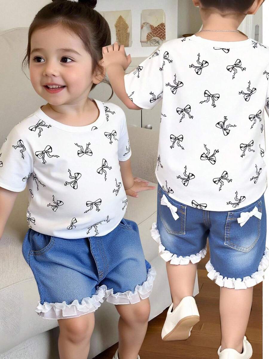 Baby Girl Outfit Set Birthday Girl 2pcs/Set Toddler Girls Casual Cute White Bow Print T-Shirt And Blue Denim Ruffled Shorts Outfit Sets Baby Tees Family Matching Outfits Toddler Girl Cozy Pixies Baby Girl Baby Girl Outfit Little Girl Clothes Baby Beach - Blue - View 1