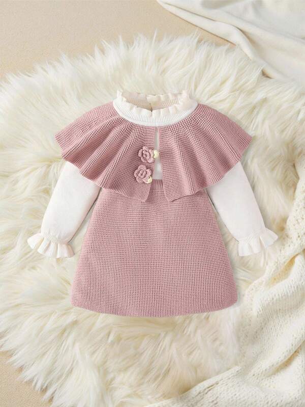 Souflis Souflis Baby Girls Sweater Dresses, Christmas-Themed Knitted Pullover Dresses, Cozy & Warm For Autumn Winter, 2 In 1 Cape Style, Ruffled Collar, Floral Crochet Decor, Stylish & Elegant, Suitable For Daily Wear, Outings & Travel