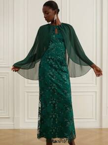 Zanirela Elegante vestido largo de gasa georgette bordado con cuentas de diseño por capas con cintura fruncida, estilo francés de lujo y elegancia para fiestas formales - Verde - Ver 6