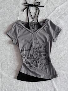 SHEIN EZwear Ancora Design 女款红黑拼色针织 T 恤 - 灰色 - 查看 1