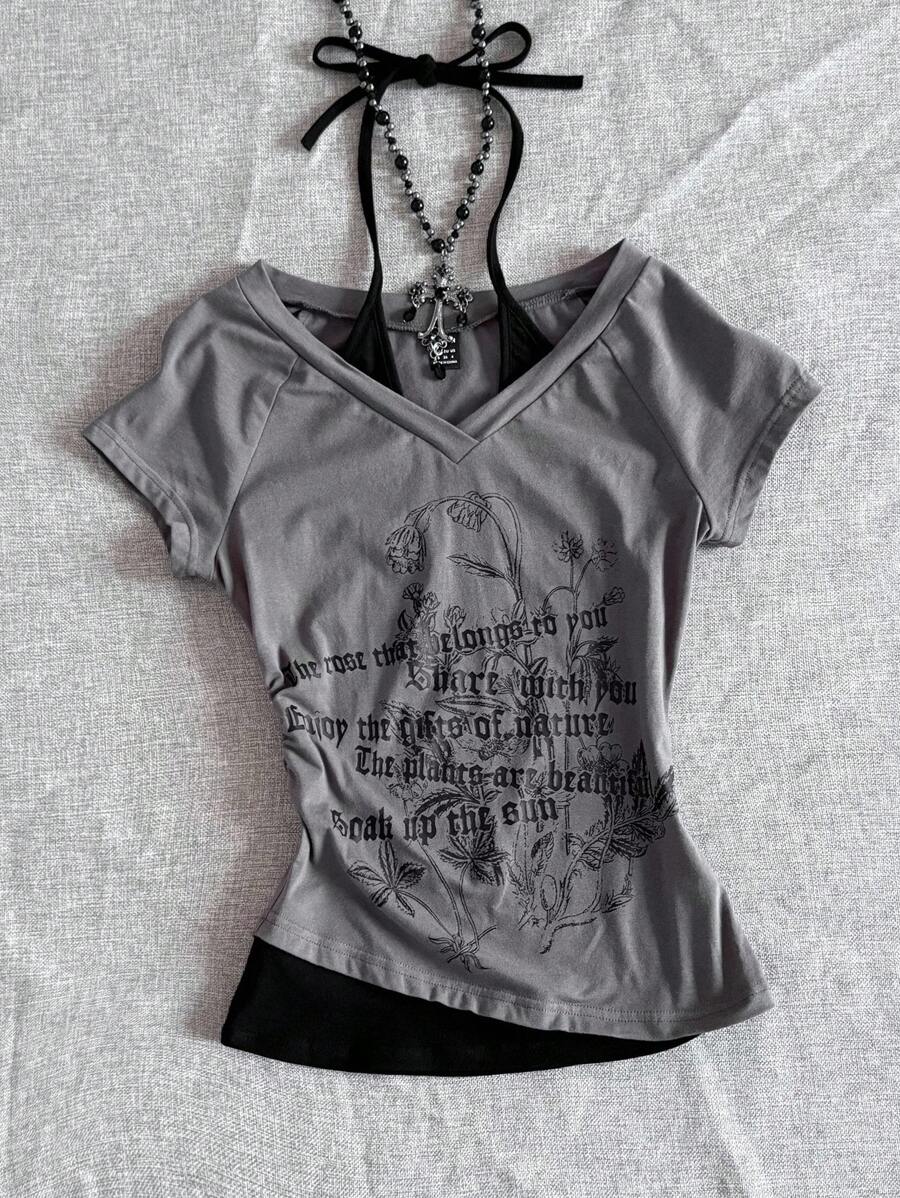 SHEIN EZwear Ancora Design 女款红黑拼色针织 T 恤 - 灰色 - 查看 1