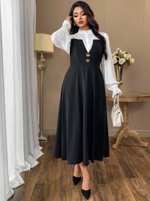 Auvina Plus Size Women Elegant High Neck Black & White Contrast Waist-Cinched Long Sleeve Ruffle Cuff A-Line Office/Date Dress