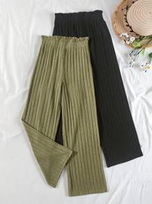 SHEIN Vintaside Kids Chica preadolescente 2 piezas Pantalones de pierna ancha de cintura con volante tejido de canalé - Multicolor - Ver 8