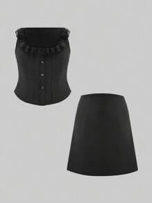 SHEIN LUNE Plus Size Women Spring 2pcs Set: Sleeveless Ruffled Hem Top And Mini Skirt - Black - View 1