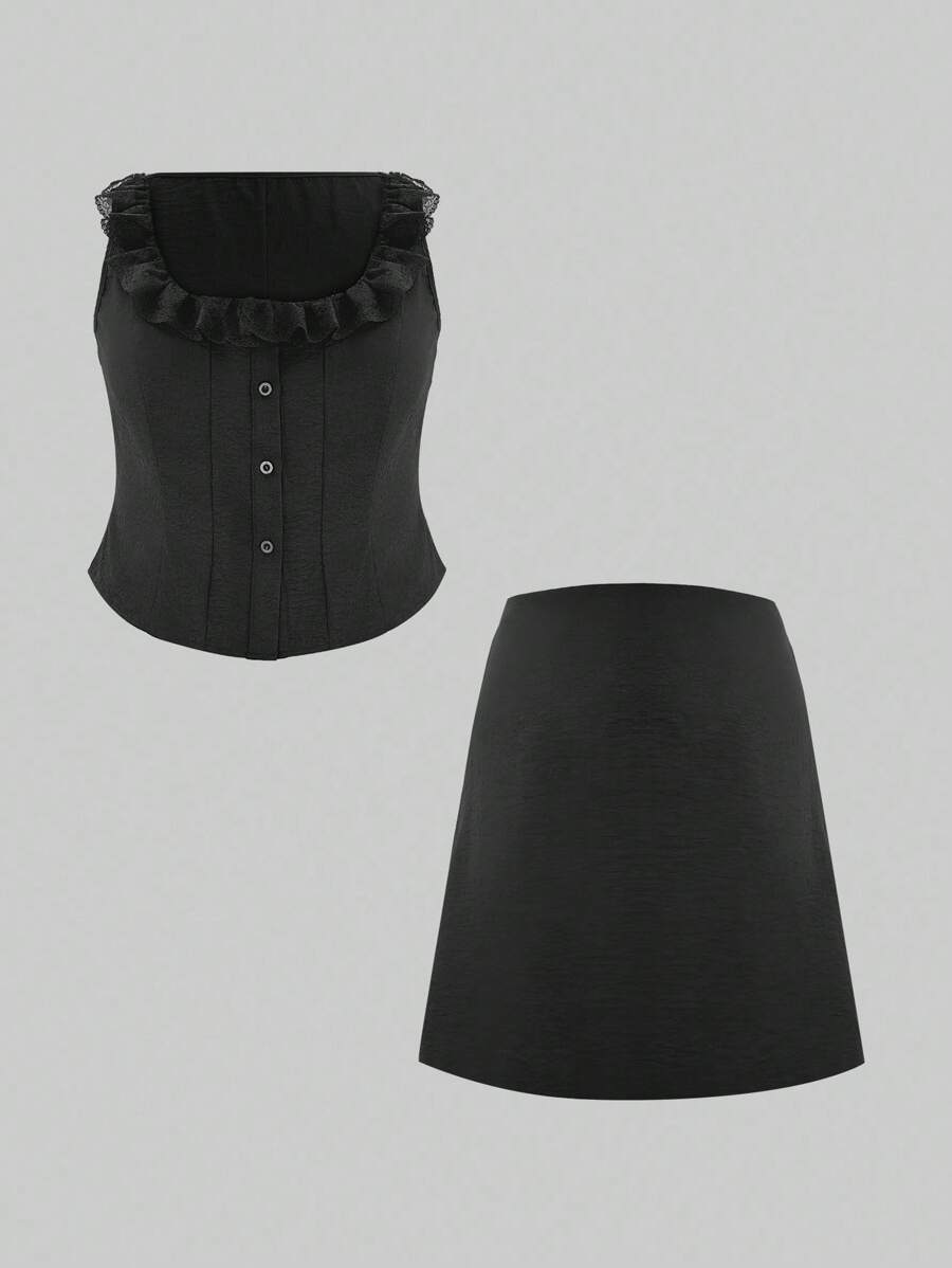 SHEIN LUNE Plus Size Women Spring 2pcs Set: Sleeveless Ruffled Hem Top And Mini Skirt - Black - View 1