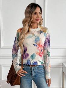 EMERY ROSE New Vintage Artistic Tie-Dye Print Round Neck Lightweight Ice Silk Women Pullover Sweater, Stylish For Spring And Summer Floral Sweaters For Women Colorful Tops For Women Women Blouses Long Sleeve Summer Sweaters For Women Women Sweaters