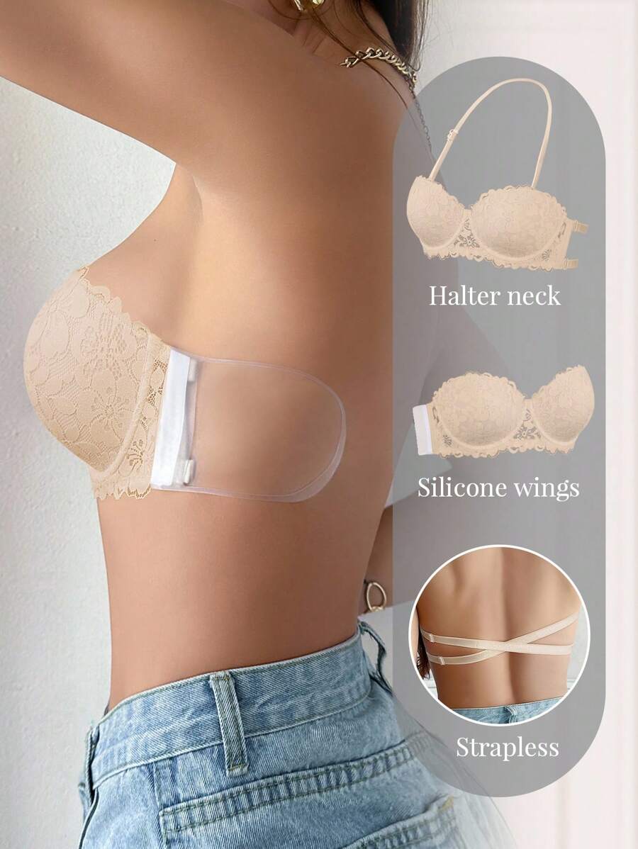SHEIN 1pc Women Lace Plunging Backless Bra With Wire, Gather And Lift For Small Bust, Strapless And Adjustable Strap Design - Apricot - View 1