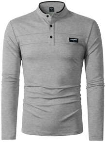 Manfinity Homme 男士字母印花长袖休闲通勤 Polo 衫 男士亨利衫 长袖灰色男士衬衫 男士长袖 T 恤 男士休闲长袖衬衫 长袖亨利衫 灰色男士衬衫，Old Money 风格 - 灰色 - 查看 6