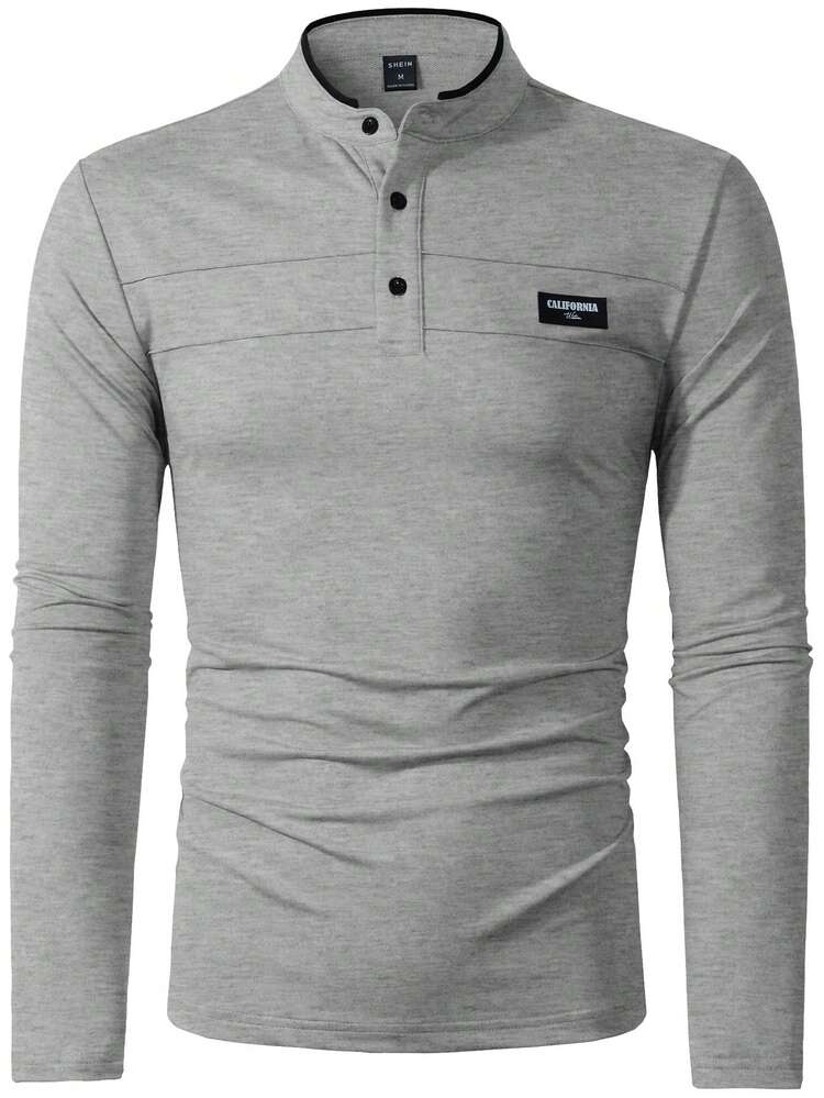 Manfinity Homme 男士字母印花长袖休闲通勤 Polo 衫 男士亨利衫 长袖灰色男士衬衫 男士长袖 T 恤 男士休闲长袖衬衫 长袖亨利衫 灰色男士衬衫，Old Money 风格 - 灰色 - 查看 6