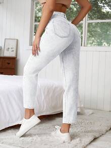 Cottnline 100%Cotton Women's Casual Solid Tapered Jeans - White - View 2