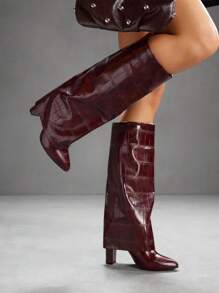 CUCCOO SZL Stylish Chunky Heel Over-The-Knee Women Boots With Stone Pattern For Christmas - Burgundy - View 4