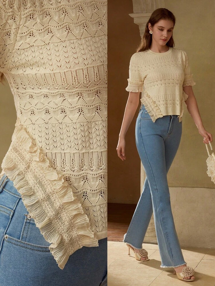 RUFFLE TRIM SLIM FIT KNIT TOP KNIT PULLOVER FALL WINTER