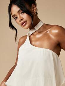 MISSGUIDED 层叠荷叶边迷你派对连衣裙，单肩挂脖设计，飘逸夏季婚礼宾客招待会特殊场合假日蜜月礼服 - 杏色 - 查看 7