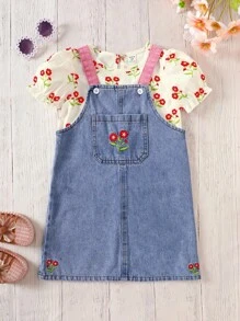 SHEIN 2pcs Young Girl Casual Floral Print Shirt & Denim Pinafore Dress Set - Light Wash - View 3
