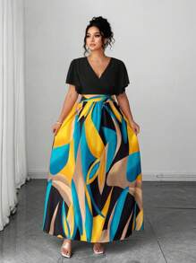 Elenzga 万圣节大码女式春夏波西米亚度假休闲优雅彩色不对称几何印花高低褶边袖长裙 - 彩色 - 查看 3