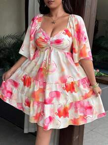 Flirla Plus Size Floral Print Heart Neckline Ruffle Hem Short Sleeve Dress - Multicolor - View 4
