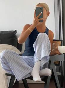 DAZY 2 件套女士休闲纯色吊带背心和条纹图案宽松睡裤套装，舒适睡衣 - 藏蓝色 - 查看 5