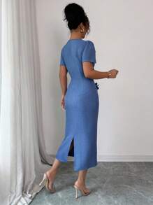 Elenzga Women's Solid Color 3D Floral Decor Square Neck Short Sleeve Slim Fit Elegant Mid-Calf Dress - Blue - View 2