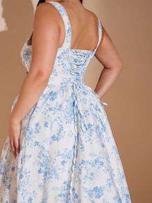 SHEIN BAE 女士大码服装 婚纱 伴娘服 迷你裙 派对服 约会服 节日服 大码女装 夏季 暑假 约会 旅行服 情人节 连衣裙 小碎花裙 野餐服 优雅连衣裙 女士夏季服装/春季服装/情人节服装/狂欢节/海滩度假服装，紧身胸衣裙 - 藍色 - 查看 3