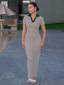 Andrea Bello Robe longue à manches courtes, col lavallière, rayée pour femme, modèle d'été - Multicolore - Voir 4