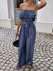 Siren Gaze Herbst 2025 Neu! Frauen Herbstkleidung im Stil von "Old Money" - Business Lässig Blaue Denim Bandeau Jumpsuit mit Rüschen-Saum an den Schultern, Lehrerin Outfits für Frauen Rückkehr zur Schule Arbeitsweg Alltags-Tragen Jumpsuit, Lässiger Jumpsuit mit langem Rüschensaum für Büro & Alltag - marineblau - Übersicht 4