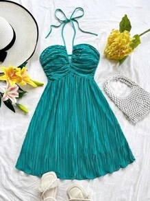Soleia 女式孔雀蓝编织褶皱纹理喇叭形 A 字形系带前挂脖迷你连衣裙，带蝴蝶结，飘逸性感，夏季、毕业典礼、婚礼 - 水鴨藍 - 查看 1