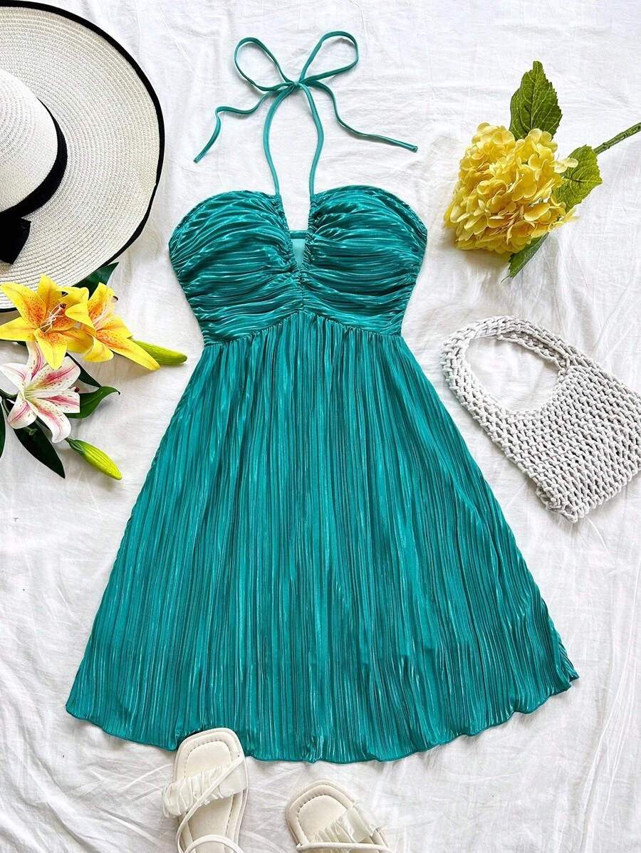 Soleia 女式孔雀蓝编织褶皱纹理喇叭形 A 字形系带前挂脖迷你连衣裙，带蝴蝶结，飘逸性感，夏季、毕业典礼、婚礼 - 水鴨藍 - 查看 1