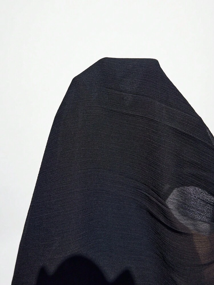 SHEIN Maija Women's Solid Color Tie Neck Ruffle Bell Sleeve Loose Fashion Top Black Sheer Top