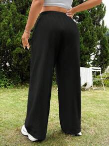SHEIN EZwear 大码女式纯色抽绳腰宽松阔腿休闲裤 - 黑色 - 查看 2