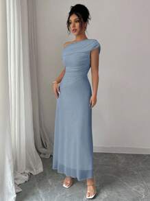 Modelyn Women's Mesh Shoulder Asymmetric Neck Pleated Hem French Elegant Charming Party Dress