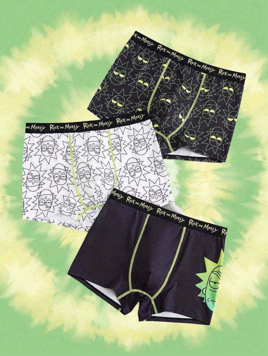 Rick and Morty X SHEIN 3pcs/Pack Men's Black & White Cartoon Character Rick Face Print Letter Tape Waist Contrast Stitch Boxer Briefs - Black - View 1