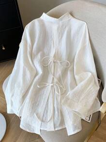 INAWLY Women's Fashionable Loose Thin Open Back Tie Cuff Long Sleeve Plus Size Blouse, Spring/Summer