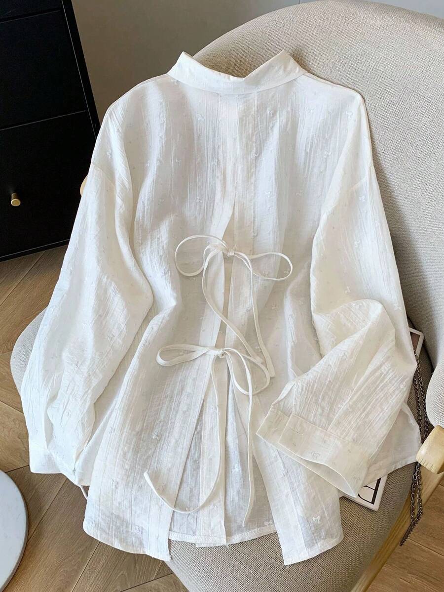 INAWLY Women's Fashionable Loose Thin Open Back Tie Cuff Long Sleeve Plus Size Blouse, Spring/Summer