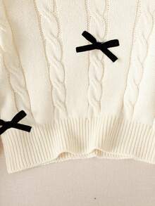 SHEIN Tween Girl Casual Cable Knit Intarsia Plain Crew Neck Bowknot Long Sleeve Sweater & Pleated Skirt 2-Piece Set, Back To School,Halloween ,Perfect For Christmas,Bow Pullover Set,In Fall/Winter