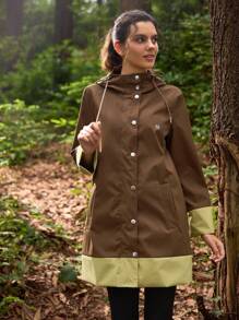 In My Nature 女士户外雨衣长袖单排扣抽绳连帽夹克女式防雨外套防水夹克女式保暖加厚外套 - 棕色 - 查看 8