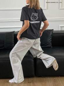 HELLO KITTY | DAZY 字母和卡通印花短袖T恤和条纹宽松睡裤女士睡衣套装