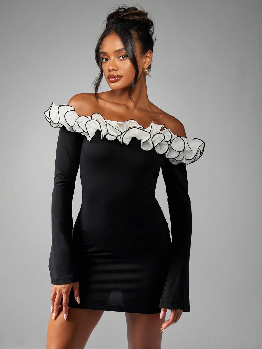 missguided black off the shoulder dress MISSGUIDED Off Shoulder Jacquard Texture Puff Sleeve Bodycon Fitted Midi Dress Holiday Evening Special Occasion Party Wedding Guest Dress,3XL