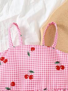 SHEIN Vintaside Kids 2pcs/Set Baby Girl Spring&Summer Vacation Style Cherry&Plaid Printing Slip Top&Shorts