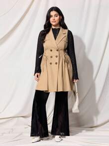 SHEIN MOD 大码女式米色束腰泡泡袖无袖风衣 - 卡其色 - 查看 7