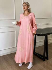 DAZY All-Over Pattern Loose Fit Ruffle Hem Lantern Sleeve Long Nightgown For Women, Fall Pajama - Apricot - View 6